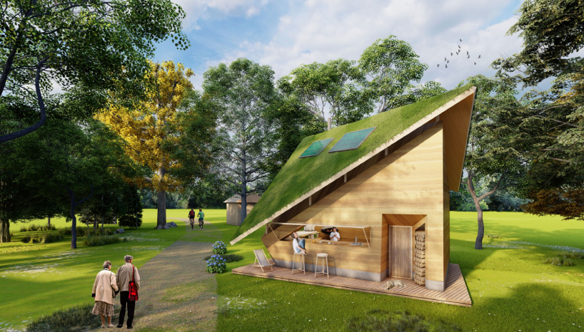angular green roof blending into the scenery tops rammed earth cabin in slovenia
