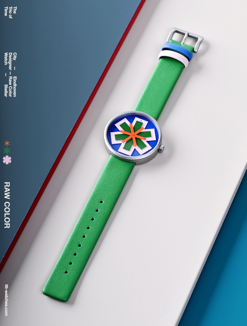 kinetic watch dial reimagines timekeeping through layered colored star-like hands - 6
