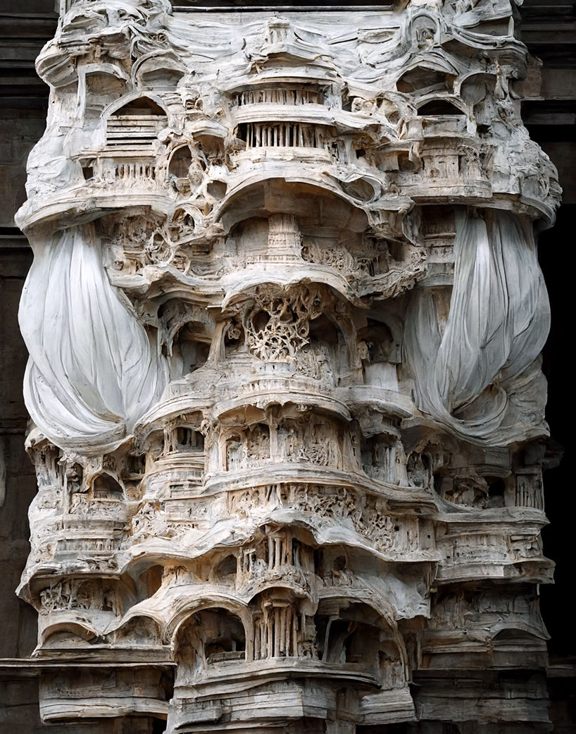 AI explorations of baroque architecture by mohammad qasim iqbal envision intricate facades made of silk and stone