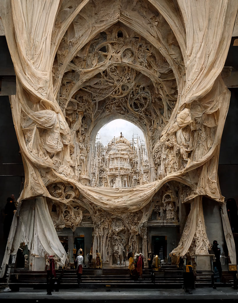 sculptural AI-generated structures inject stone renaissance + baroque forms with fluid silk