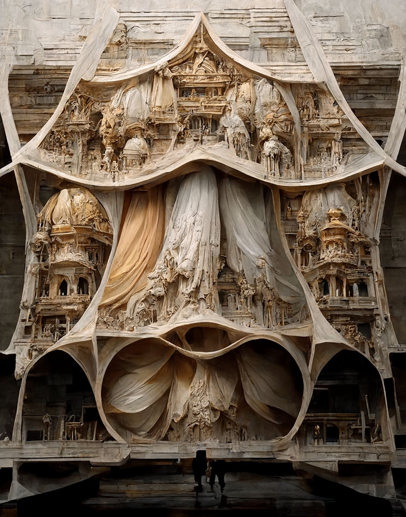 sculptural AI-generated structures inject stone renaissance + baroque forms with fluid silk