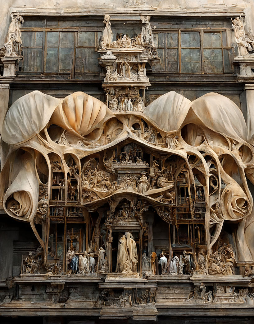 sculptural AI-generated structures inject stone renaissance + baroque forms with fluid silk