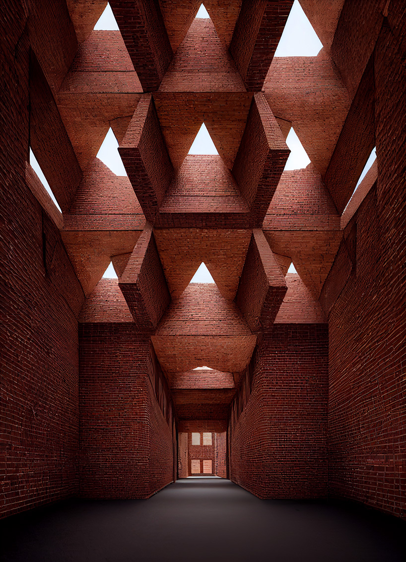 AI-generated brick structures explore sacredness through light and tensile geometry