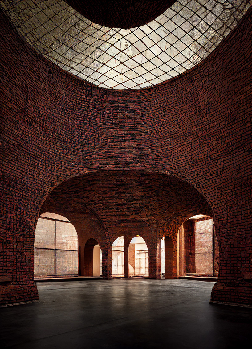 AI-generated brick structures explore sacredness through light and tensile geometry