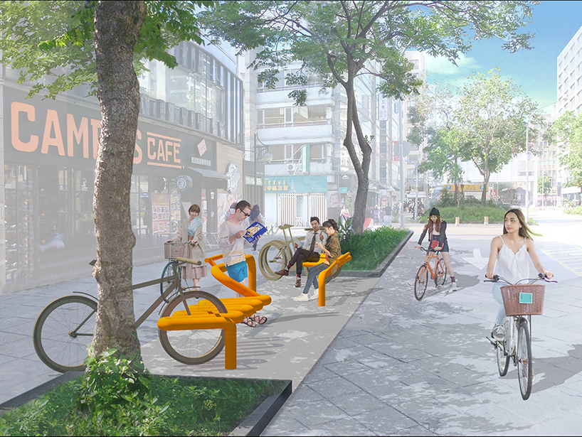 winding tube rack reclaims bustling urban spaces for bike parking and public seating in taipei