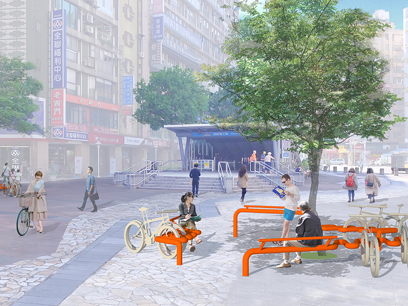 winding tube rack reclaims bustling urban spaces for bike parking and public seating in taipei