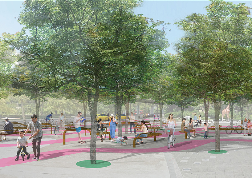 winding tube rack reclaims bustling urban spaces for bike parking and public seating in taipei