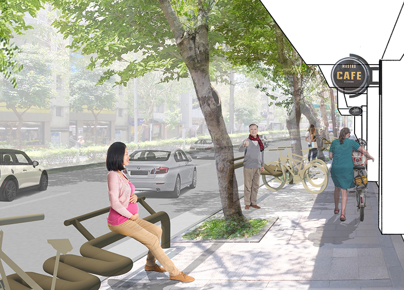 winding tube rack reclaims bustling urban spaces for bike parking and public seating in taipei