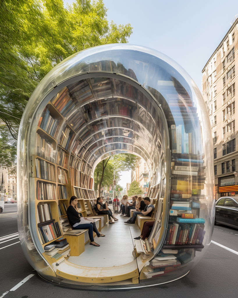 inflatable bus stops double as cozy reading nooks in the city in ulises’ midjourney series