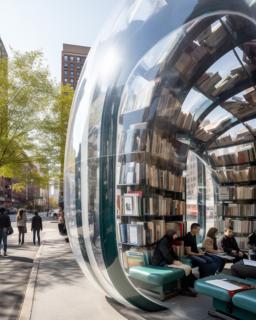 inflatable bus stops double as cozy reading nooks in the city in ulises’ midjourney series
