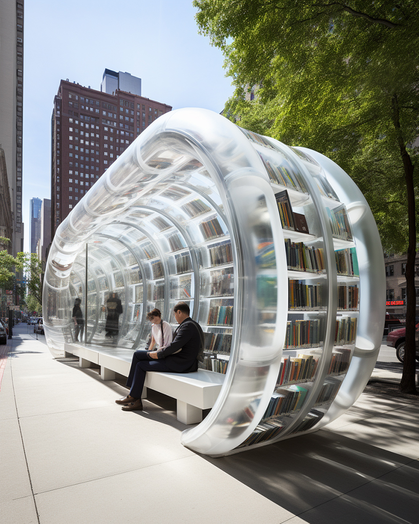 inflatable bus stops double as cozy reading nooks in the city in ulises’ midjourney series