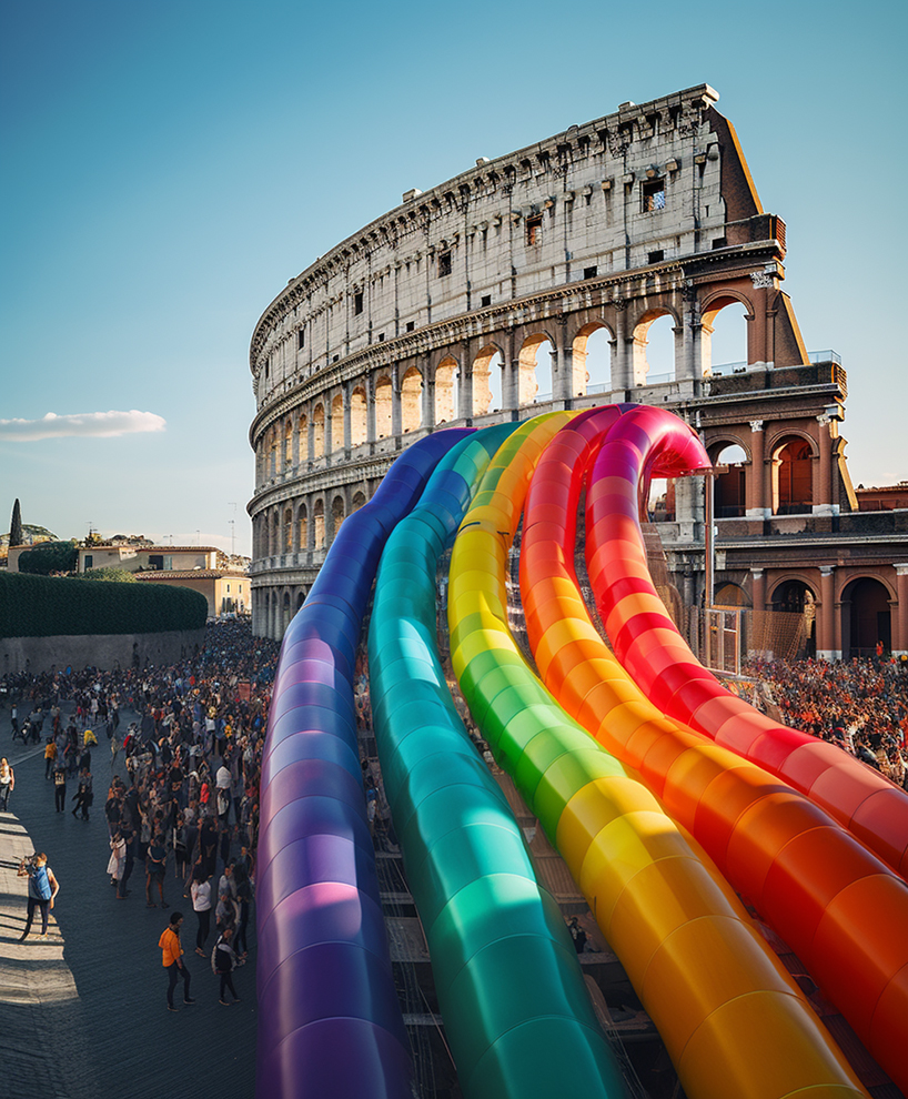ulises' vibrant AI intervention imagines giant inflated rainbow seeping from rome's colosseum
