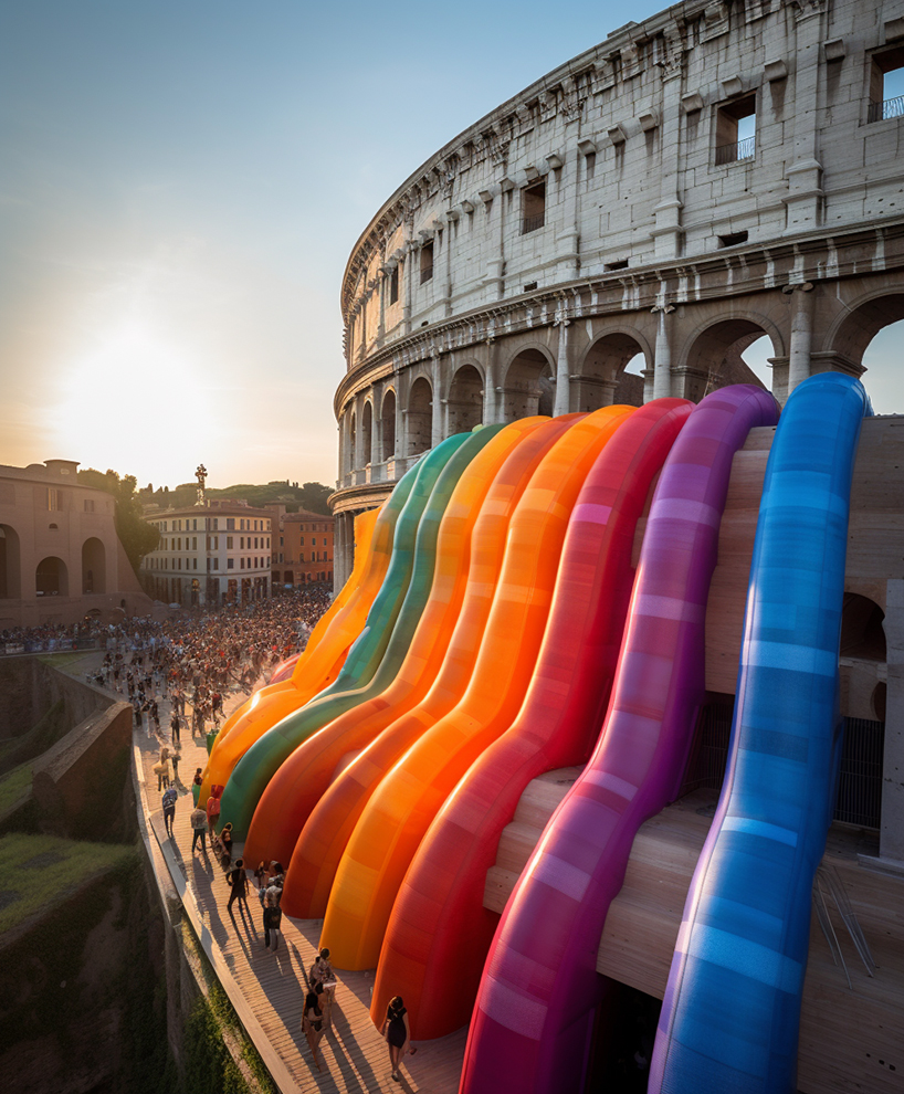 ulises' vibrant AI intervention imagines giant inflated rainbow seeping from rome's colosseum