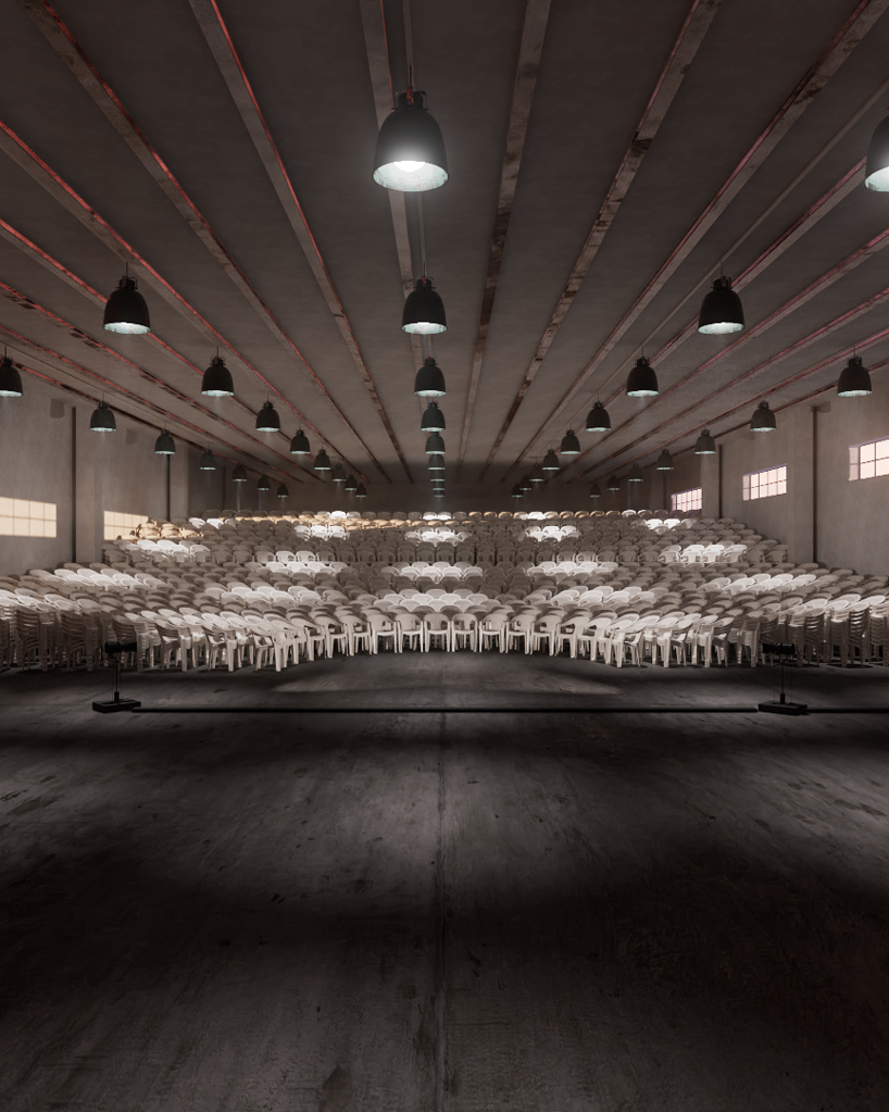 andrea papi's plastic colosseum shaped by stacked chairs brings theatre back to the people