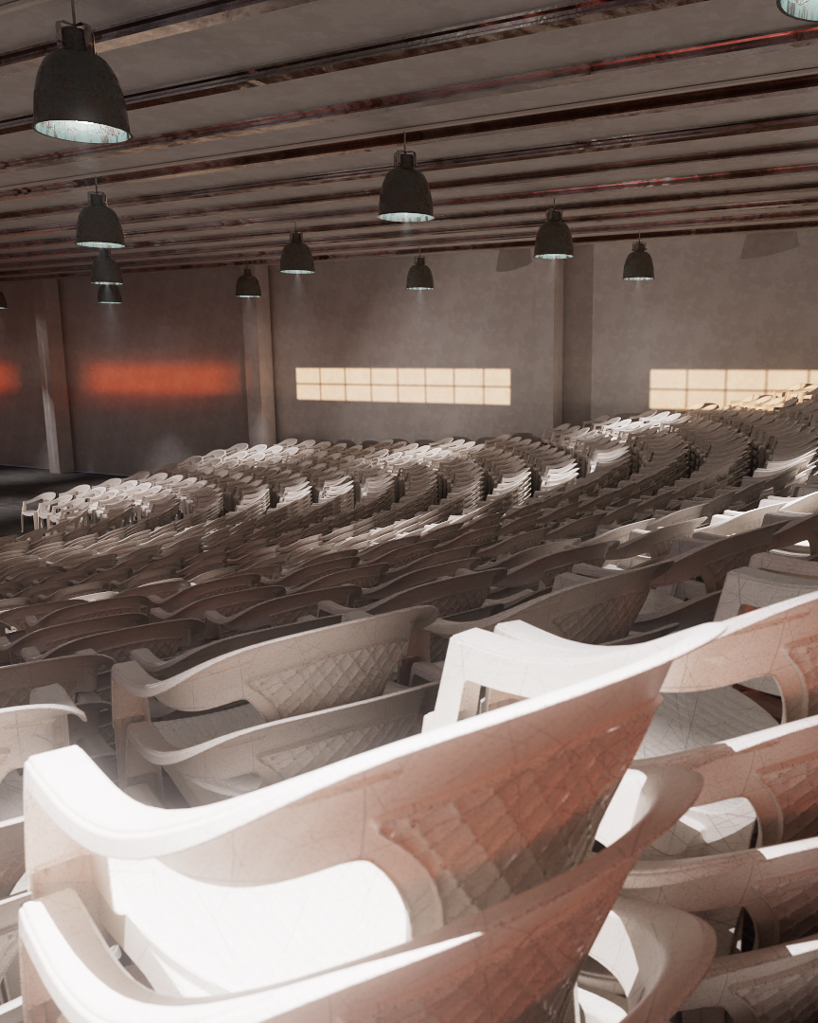 andrea papi's plastic colosseum shaped by stacked chairs brings theatre back to the people