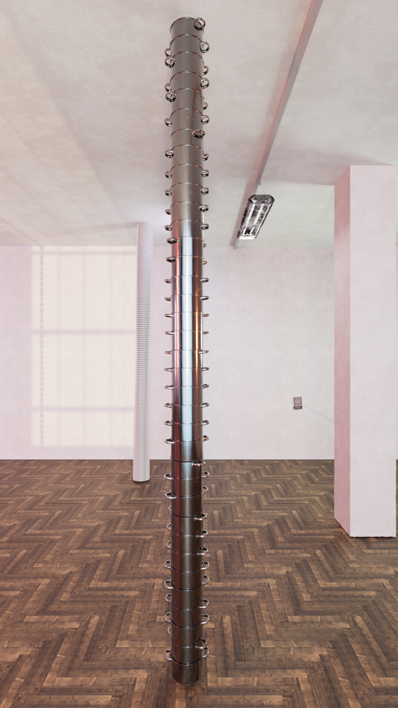 andrea papa piles kitchen utensils to pillars to spotlight the importance of a balanced diet 