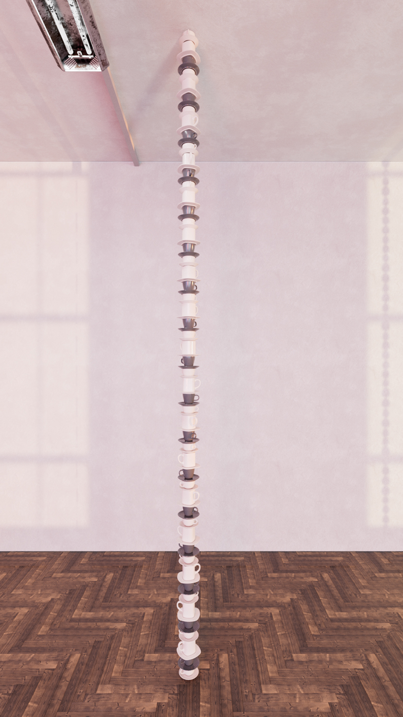 andrea papa piles kitchen utensils to pillars to spotlight the importance of a balanced diet 