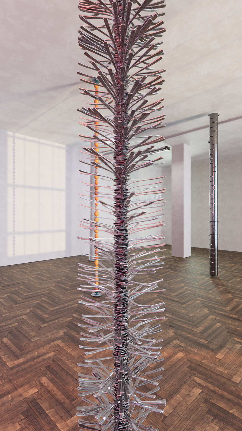 andrea papa piles kitchen utensils to pillars to spotlight the importance of a balanced diet 