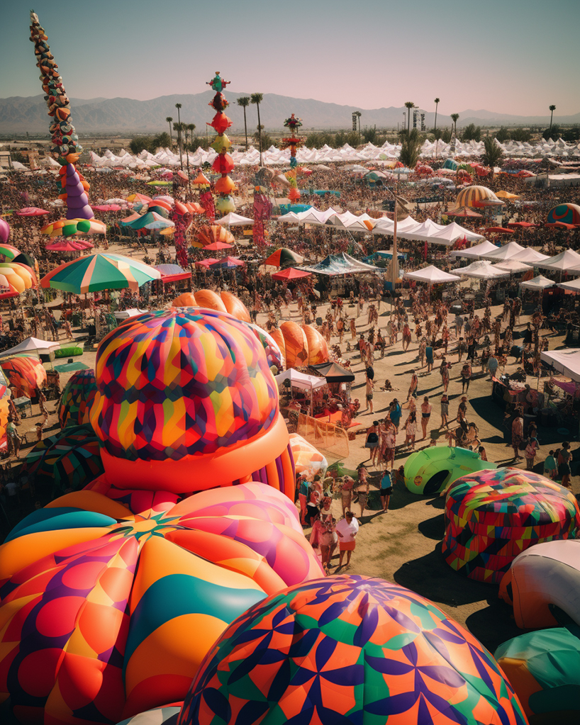roger wilson imagines inflatable monuments and whimsical canopies enlivening coachella