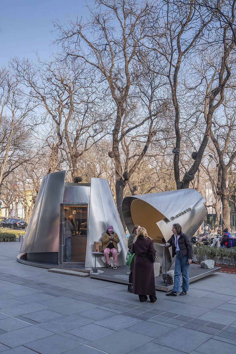 reflective steel volumes reinterpret the pour-over dripper for kurasu’s beijing pop-up pavilion - 2