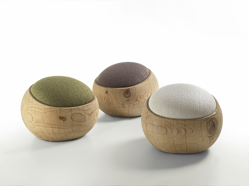 samuele montorfano and iginio massari fuse furniture design and pastry-making unite for bignè-inspired poufs