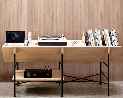 all-in-one credenza with integrated shelving optimizes vinyl listening experience