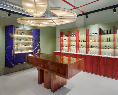 period furniture & suspended pharmacy cabinet mark beauty product showroom in prague
