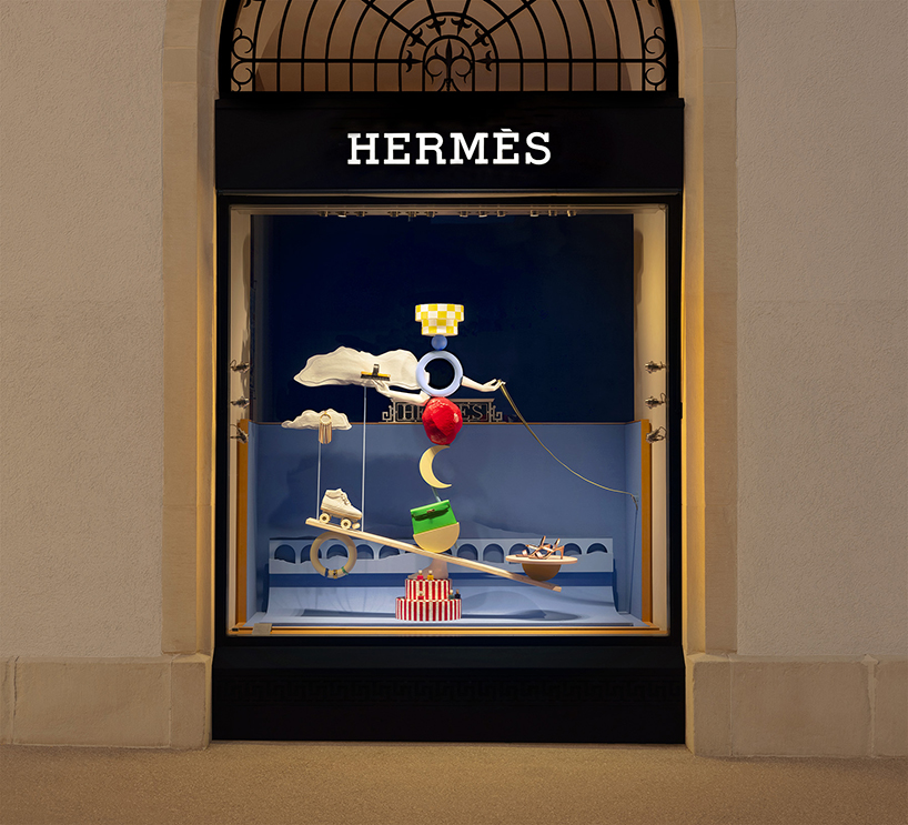 a whimsical window display intertwining the mundane and surreal marks Hermès zurich