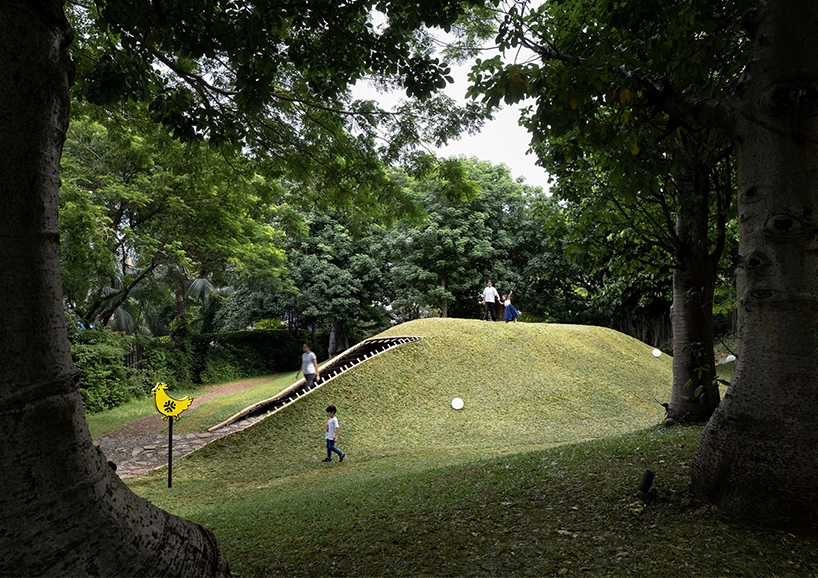 woven bamboo encloses urban chicken coop pavilion in jakarta park by RAD+ar