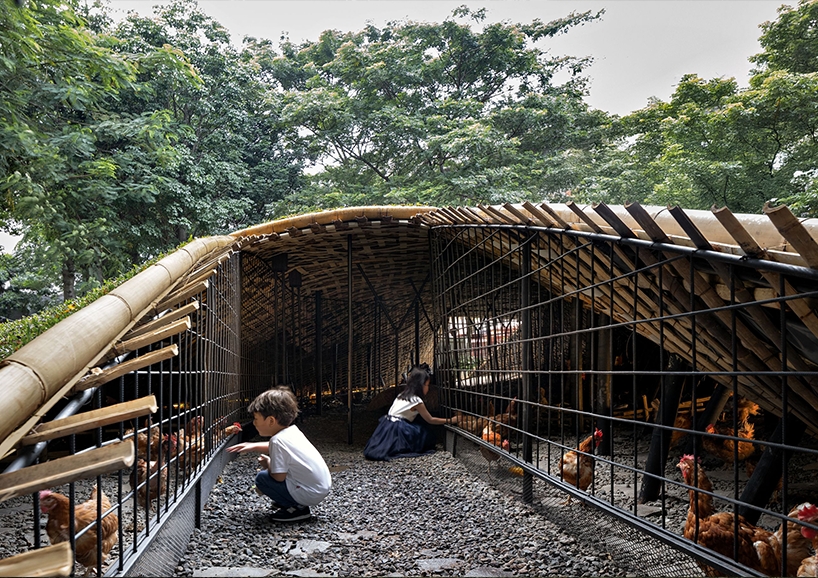 woven bamboo encloses urban chicken coop pavilion in jakarta park by RAD+ar