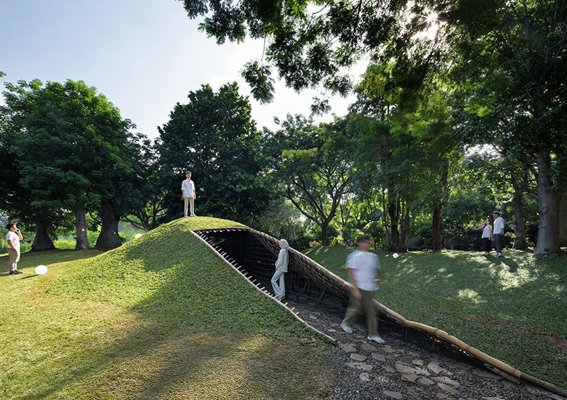 woven bamboo encloses urban chicken coop pavilion in jakarta park by RAD+ar