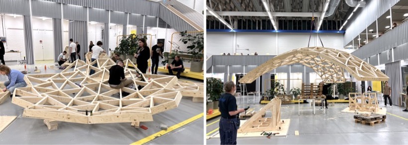 timber shell system fuses polygonal framing and reciprocal bracing