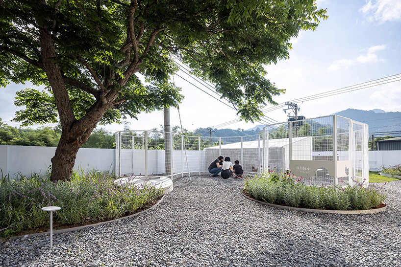 curved white fence by studio whispace + architects encloses chicken coop and herb zone in school in taiwan 