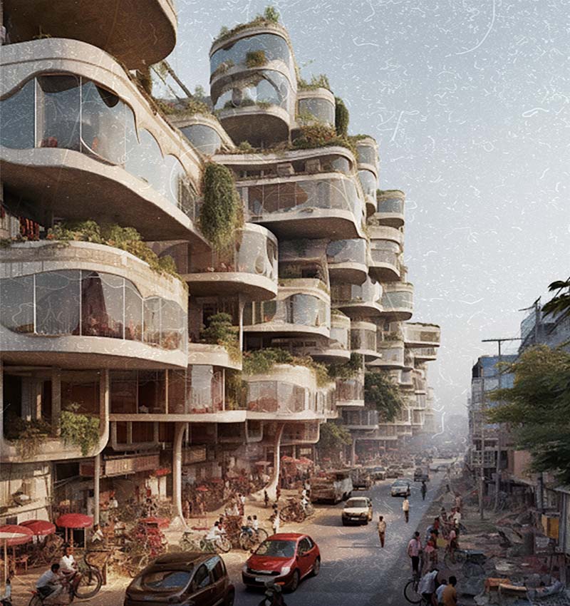 AI-generated futuristic nostalgia by Micheal Mareena reflects social and architectural dualities within india