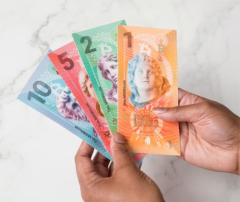 vibrant bitcoin banknotes by tom badley transport cryptocurrency into the physical realm