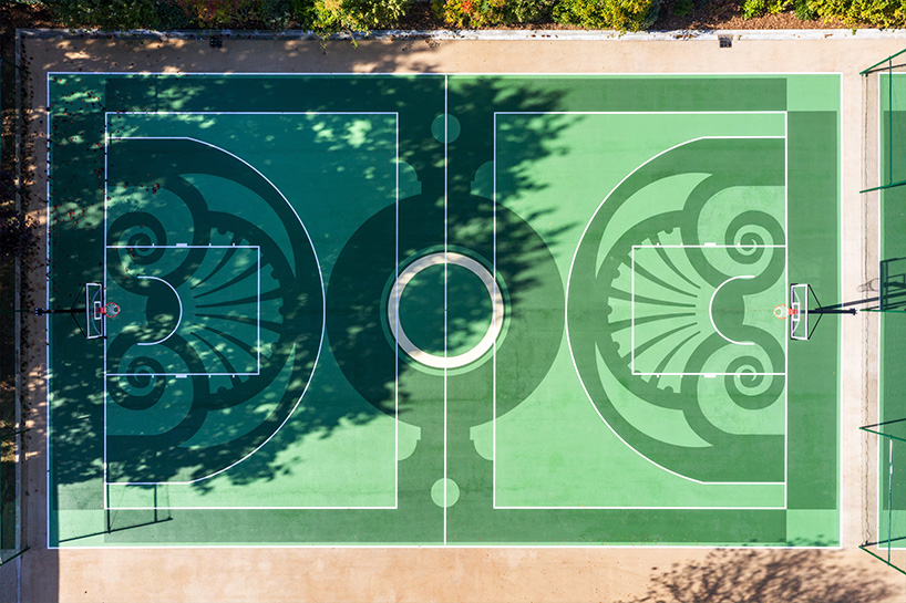 playgones' basketball court echoes hues & emblems of historic château de versailles gardens 