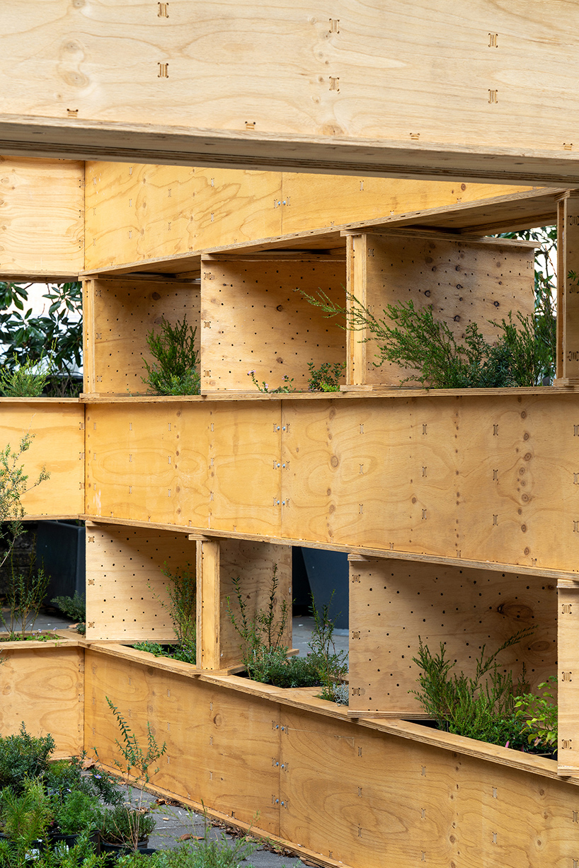 infra-architecture lab's shelter for plants and bees enhances urban pollination network