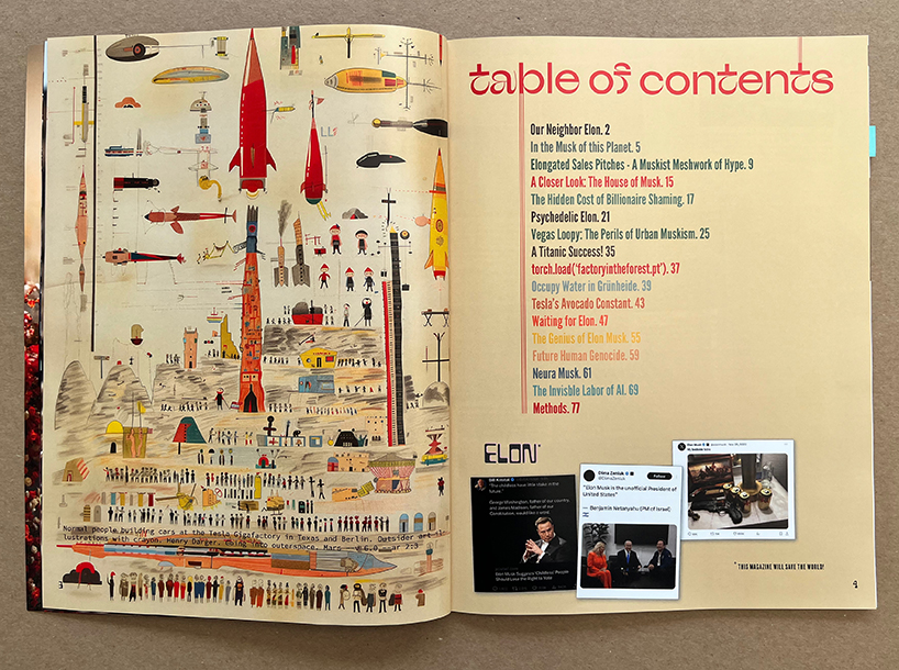 gigacities collectives' elon magazine's surreal imagery & investigative research uncover musk's media spectacles