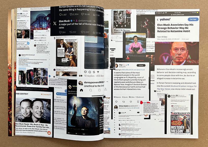 gigacities collectives' elon magazine's surreal imagery & investigative research uncover musk's media spectacles