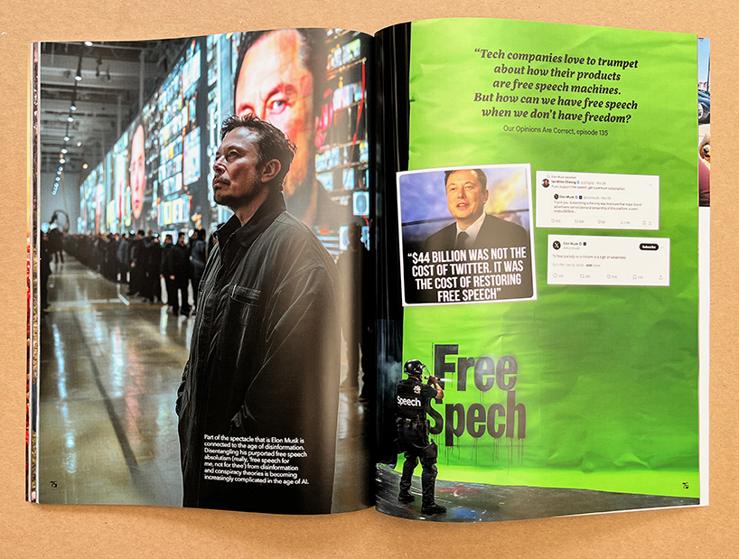 gigacities collectives' elon magazine's surreal imagery & investigative research uncover musk's media spectacles