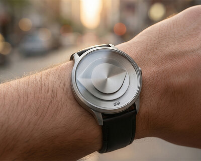 fold watch tells time only through shadow and layered architectural dials
