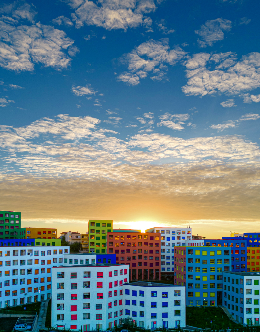 OMA's mangalem 21 masterplan steps checkerboard of homes down slope in tirana, albania
