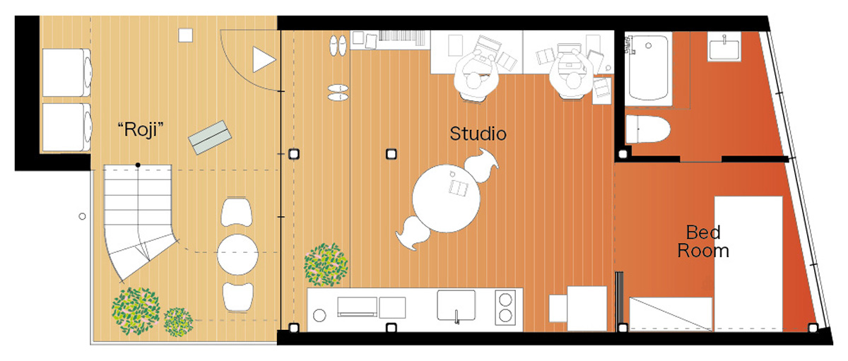 naka architects' studio merges apartments, office and restaurant into