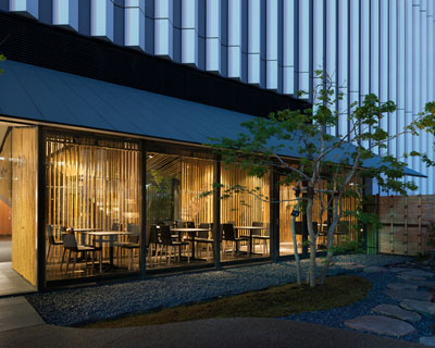 kengo kuma covers jugetsudo kabukiza tearoom in bamboo