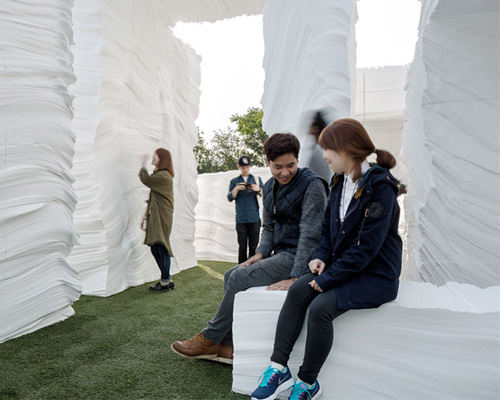 kwangho lee carves foam for EPS grotto / seoul pavilion project