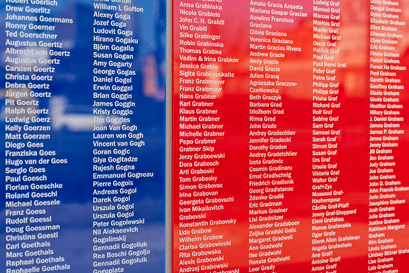 tony tasset carves 392,486 artists' names onto multicolored monument