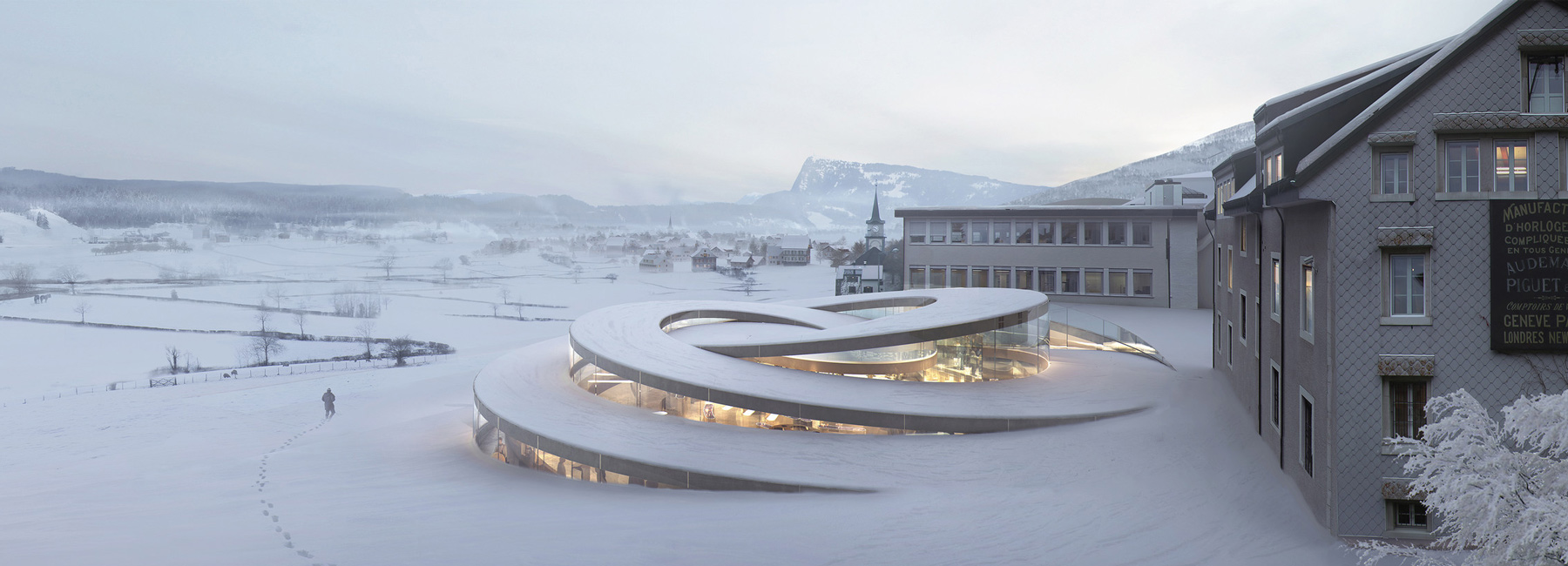 BIG extends audemars piguet HQ with spiraling landform in switzerland