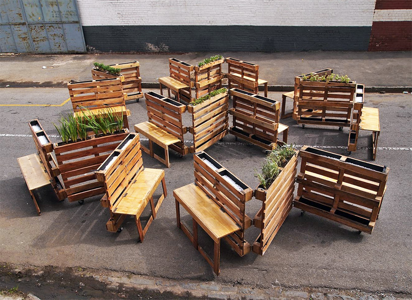 r1 recycles wooden pallets into interlocking mobile benches for johannesburg