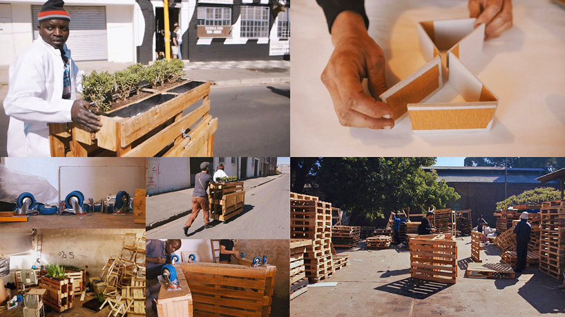 r1 recycles wooden pallets into interlocking mobile benches for johannesburg