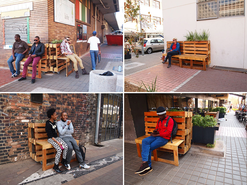 r1 recycles wooden pallets into interlocking mobile benches for johannesburg